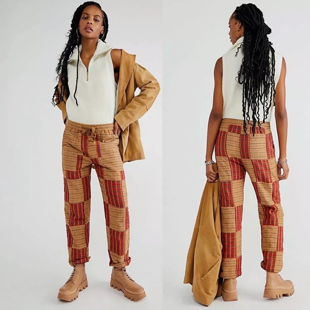 Plaid Relaxed Drawstring Pants - Rust Plaid